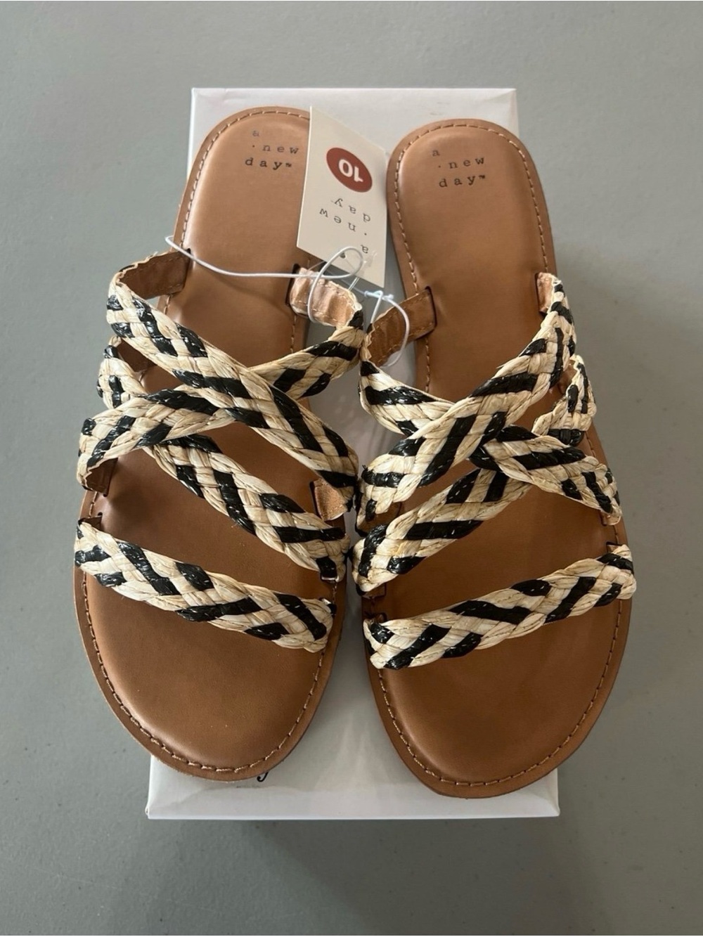 Braided Black & Natural Slide Sandals Shoes Size 10